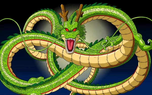 HD desktop wallpaper featuring Shenron from Dragon Ball, depicted as a vibrant green dragon coiling against a blue background.