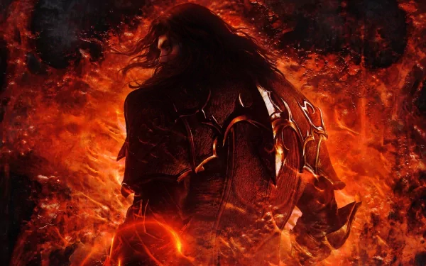 HD PC desktop wallpaper featuring a dark, fiery scene from the video game Castlevania: Lords of Shadow 2 with a shadowed character amidst flames.