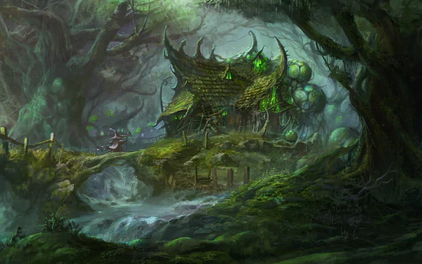 A mystical forest scene featuring a green witch's cottage surrounded by trees, with a wizard nearby and a gentle stream flowing, creating an enchanting fantasy atmosphere.