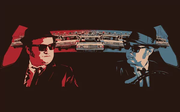 HD desktop wallpaper featuring stylized artwork of The Blues Brothers with an iconic police car chase scene background.