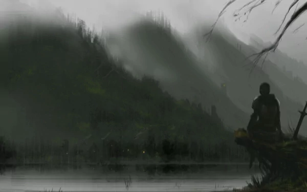 HD wallpaper of a fantasy landscape featuring a knight gazing across a foggy, mysterious lake surrounded by lush, shadowy hills.