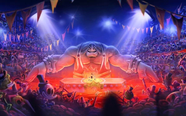 HD PC desktop wallpaper featuring a dramatic Rayman video game scene with a large armored character and glowing effects in a crowded arena setting.