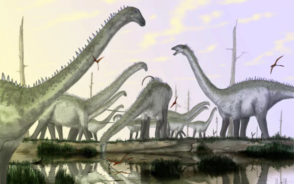 4K Ultra HD desktop wallpaper featuring a herd of long-necked dinosaurs in a prehistoric landscape with flying pterosaurs and reflective water.