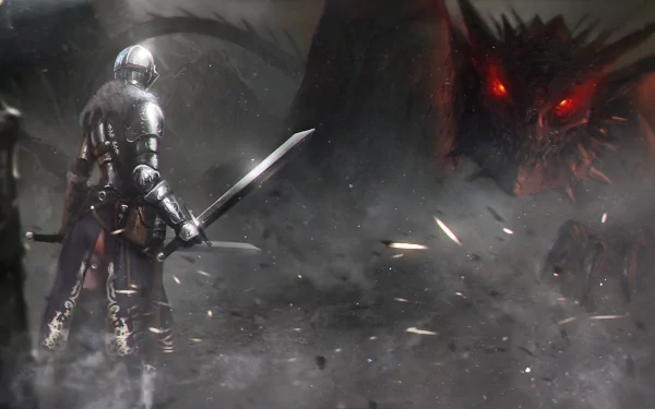 A dark and atmospheric HD desktop wallpaper featuring a knight facing off against a menacing dragon, inspired by the video game Dark Souls II.