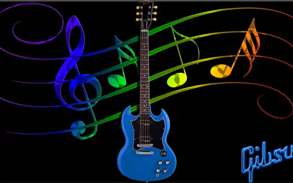 A vibrant HD wallpaper featuring a blue Gibson guitar surrounded by colorful musical notes on a black background, capturing the essence of music and creativity.