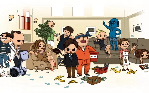 HD desktop wallpaper featuring cartoon representations of 'Arrested Development' characters in a whimsical living room setting.