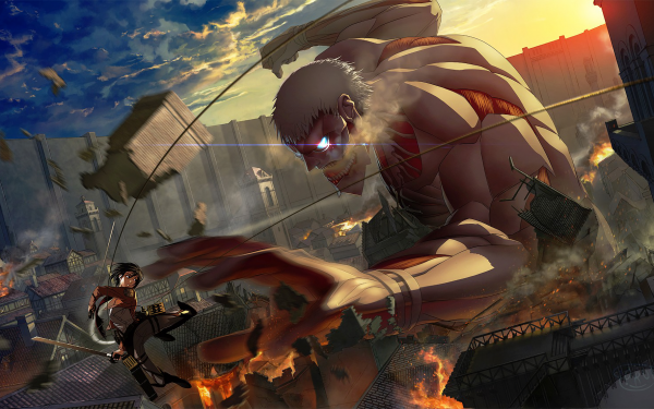 Anime Attack On Titan Mikasa Ackerman Shingeki No Kyojin Armored Titan Jacket Sword Weapon Glowing Eyes Sky Cloud Titan Black Hair Fire Flame HD Wallpaper | Background Image