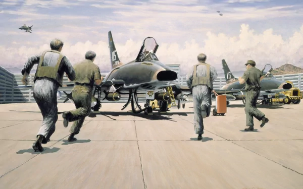 Military personnel run toward a North American F-100 Super Sabre on a sunlit airbase runway, captured in a detailed 4K Ultra HD desktop wallpaper.