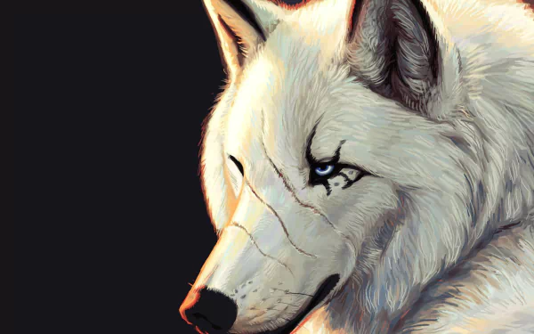 HD desktop wallpaper featuring a close-up digital illustration of a white wolf with striking blue eyes against a dark background.