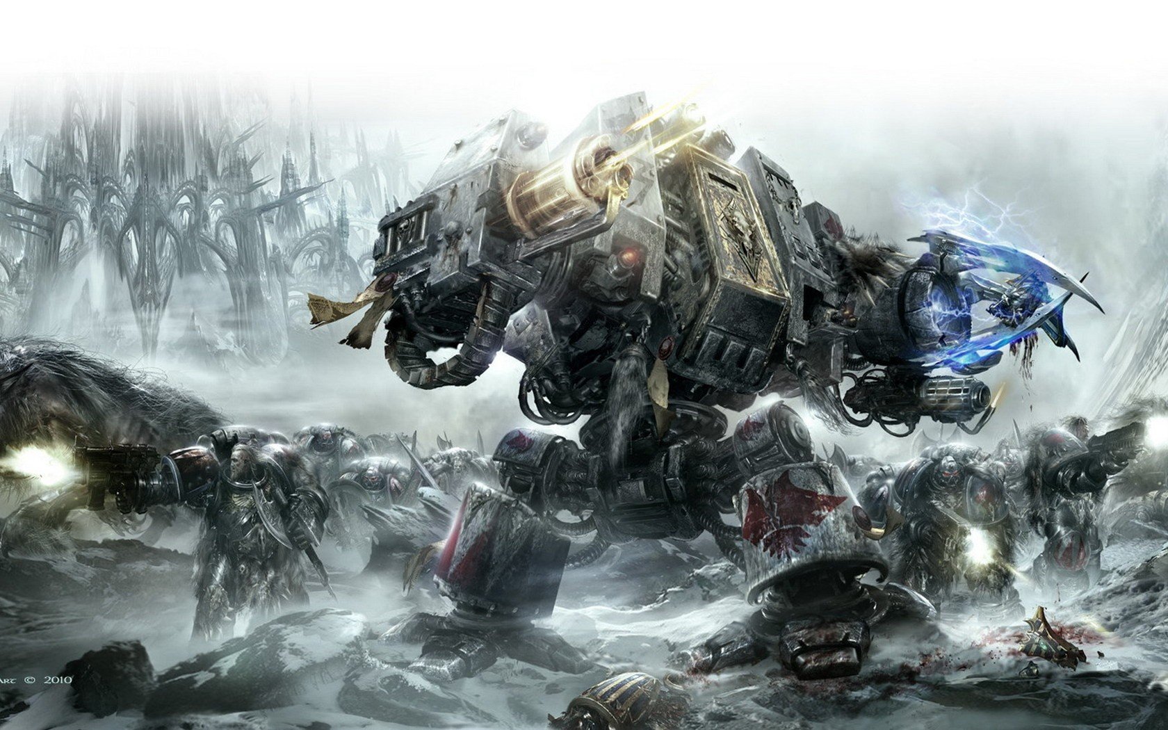 HD PC desktop wallpaper from the Warhammer 40k video game featuring a massive armored mech amidst futuristic soldiers in a snowy, battle-worn landscape.