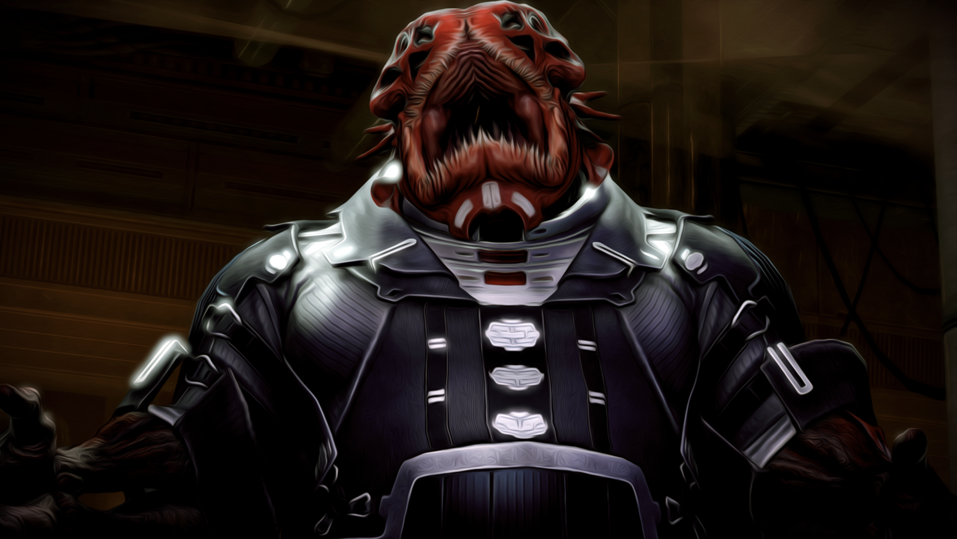 Mass Effect 2 2K Quad HD PC desktop wallpaper: close-up of an armored krogan alien roaring, detailed red-scaled face against a dim ship interior.