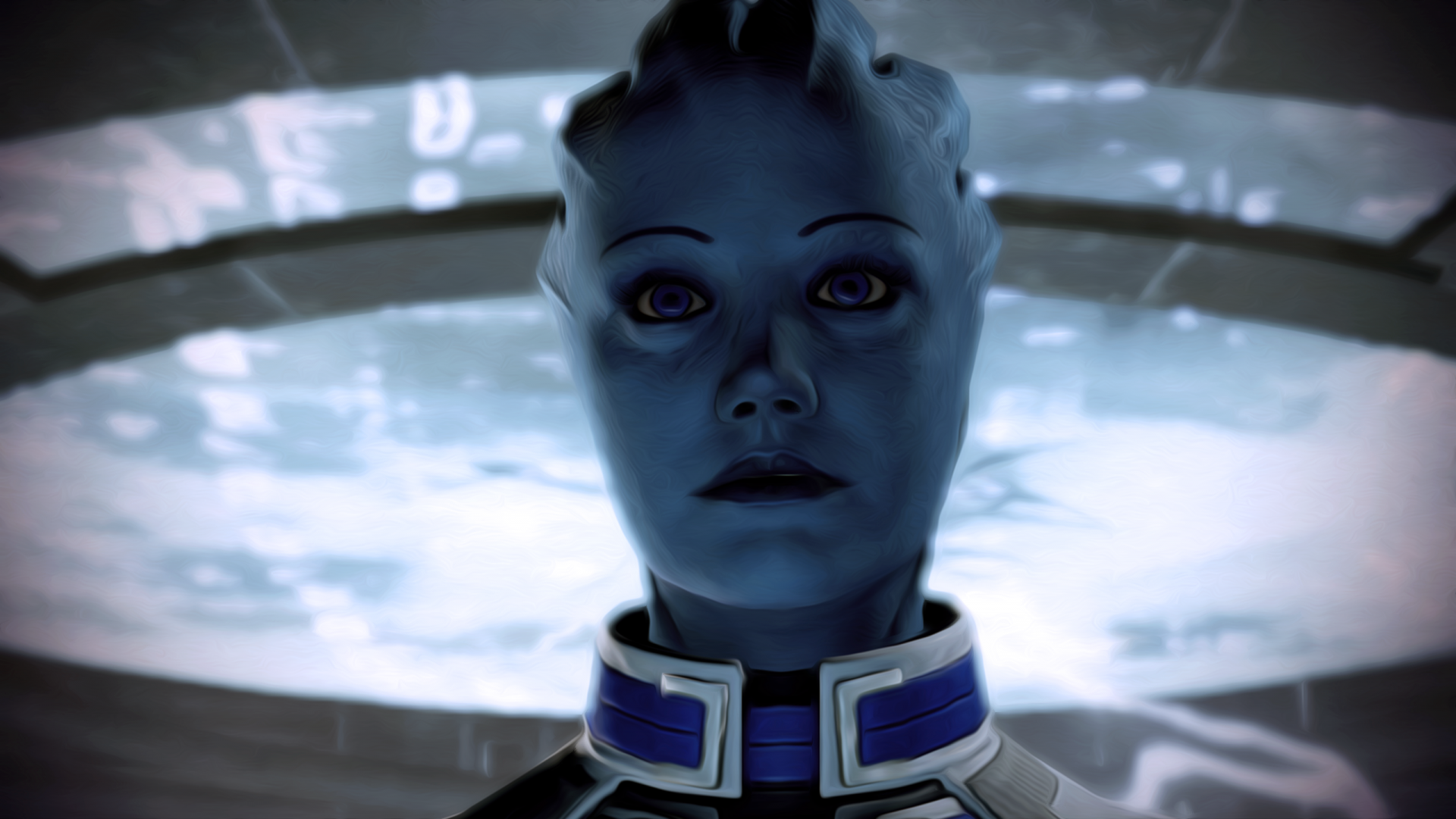 HD PC desktop wallpaper featuring Liara T'Soni from the video game Mass Effect 2, showcasing her detailed blue skin and futuristic environment.