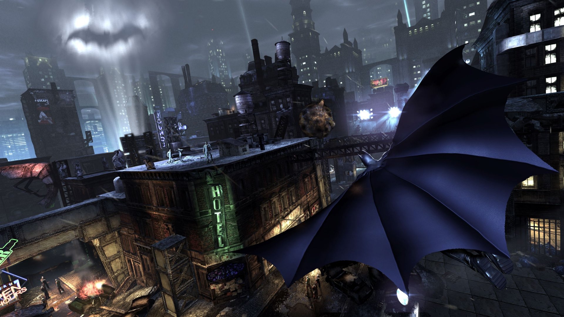 HD PC desktop wallpaper featuring Batman soaring over a Gotham City skyline, inspired by Batman: Arkham Origins and Batman: Arkham City video games.