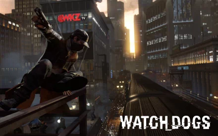 Aiden Pearce crouches on a rooftop in a dynamic scene from the video game Watch Dogs, capturing the essence of urban stealth and strategy against a city backdrop.