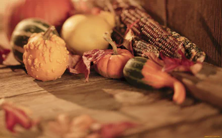 HD PC desktop wallpaper featuring a rustic arrangement of colorful vegetables and gourds on a wooden surface, evoking an autumnal harvest theme.