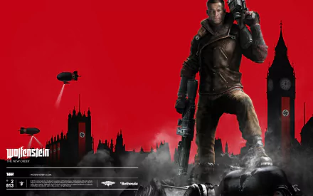 HD desktop wallpaper featuring a character from the video game Wolfenstein: The New Order, standing amid a dark, war-torn cityscape with a bold red background.