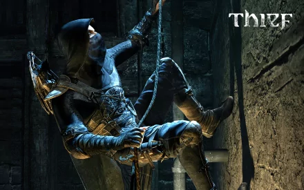 A mysterious figure dressed in dark clothing climbs a wall in an atmospheric setting, showcasing the stealth and intrigue of the Thief video game series.