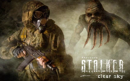 HD wallpaper featuring a character from the video game S.T.A.L.K.E.R.: Clear Sky, armed and dressed in protective gear, facing a monstrous creature in a haunting environment.