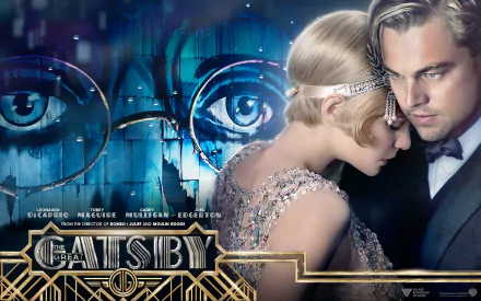 HD wallpaper featuring Leonardo DiCaprio and Carey Mulligan in The Great Gatsby with prominent title and alluring artwork.