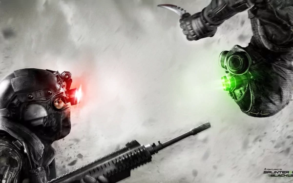 A dramatic HD wallpaper from Tom Clancy's Splinter Cell: Blacklist, featuring two operatives in tactical gear facing off with contrasting red and green lights illuminating their faces.