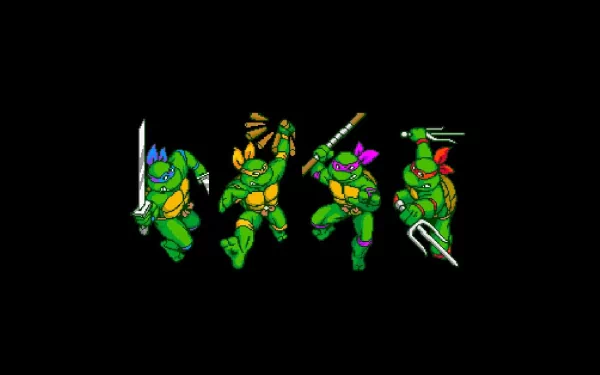 HD PC desktop wallpaper featuring pixel art of the Teenage Mutant Ninja Turtles from the video game Teenage Mutant Ninja Turtles IV: Turtles in Time.