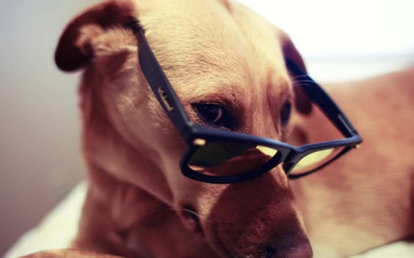 HD desktop wallpaper featuring a Labrador Retriever wearing sunglasses, captured in a close-up thoughtful pose.