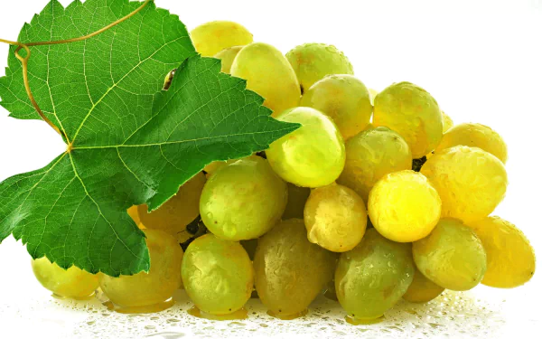 Close-up of a vibrant cluster of green grapes with a leafy vine, featured as a high-definition desktop wallpaper, showcasing fresh food aesthetics.