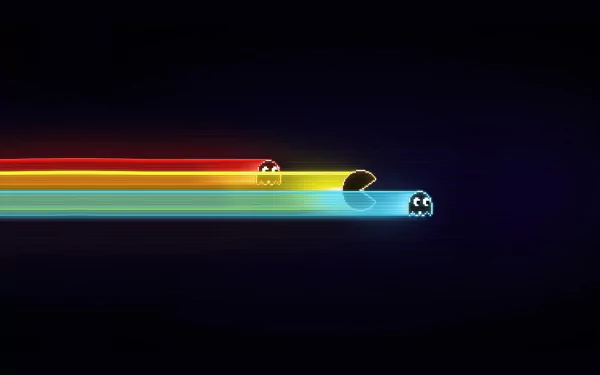 HD PC desktop wallpaper: colorful Pac-Man video game scene — neon red, yellow and cyan Pac-Men trailing streaks of light across a deep black background.