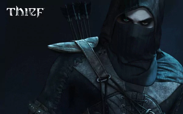 HD wallpaper featuring Garrett from the video game Thief, showcasing his stealthy demeanor and intricate gear against a dark background.