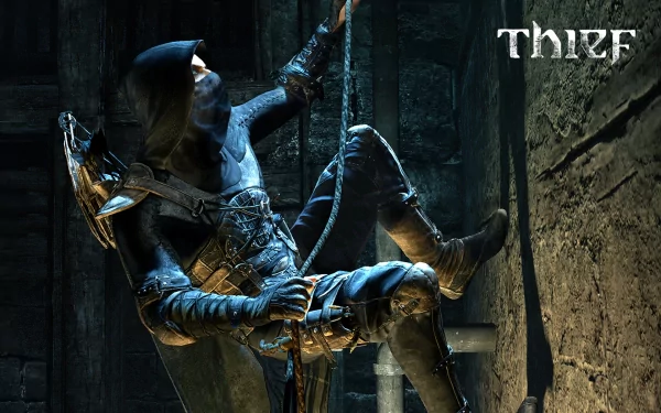 A mysterious figure dressed in dark clothing climbs a wall in an atmospheric setting, showcasing the stealth and intrigue of the Thief video game series.