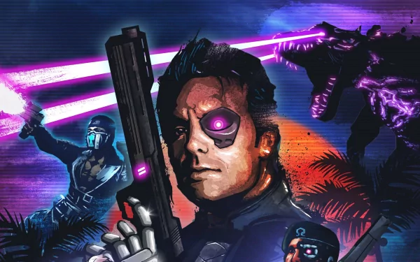 Far Cry 3: Blood Dragon HD PC desktop wallpaper — video game neon 80s retro art of a cyborg soldier with glowing eye and pistol amid lasers and robotic enemies.