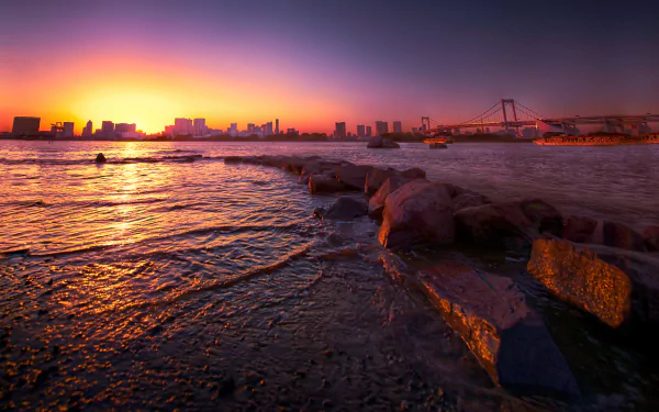 Sunset view of Tokyo's man-made Rainbow Bridge over calm waters, captured in vibrant HD tones for a striking desktop wallpaper background.