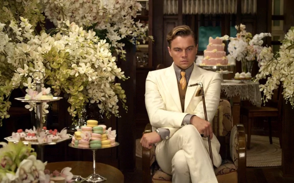 HD wallpaper of Leonardo DiCaprio as Gatsby, seated amidst lavish decor and flowers from The Great Gatsby film.