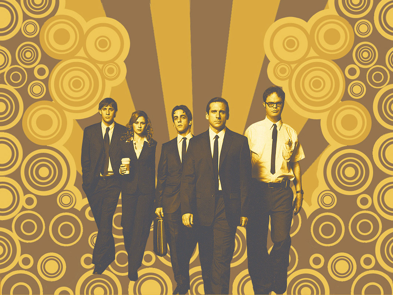 HD desktop wallpaper featuring stylized characters from The Office (US) on a retro patterned background.