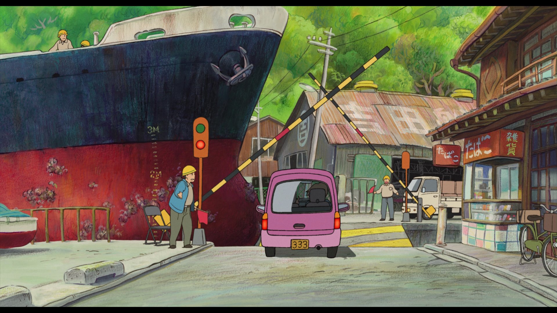 HD desktop wallpaper from Ponyo featuring a vibrant street scene with characters and a ship.