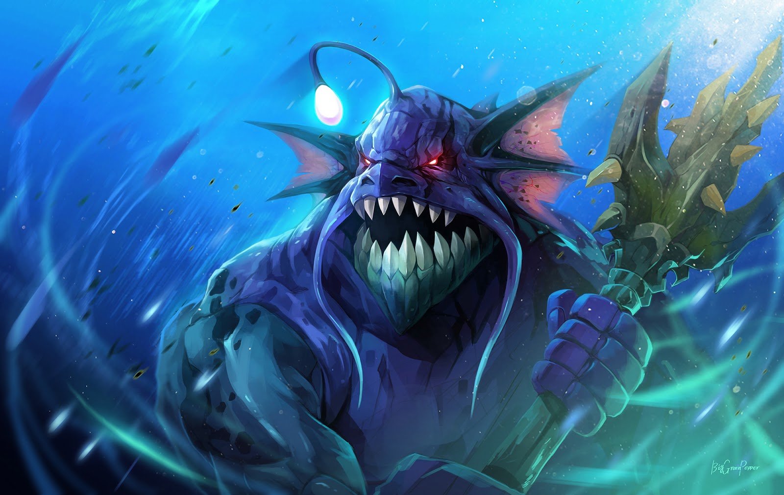 A vibrant HD desktop wallpaper featuring a menacing character from the video game DotA 2, showcasing dynamic underwater elements and intense colors.