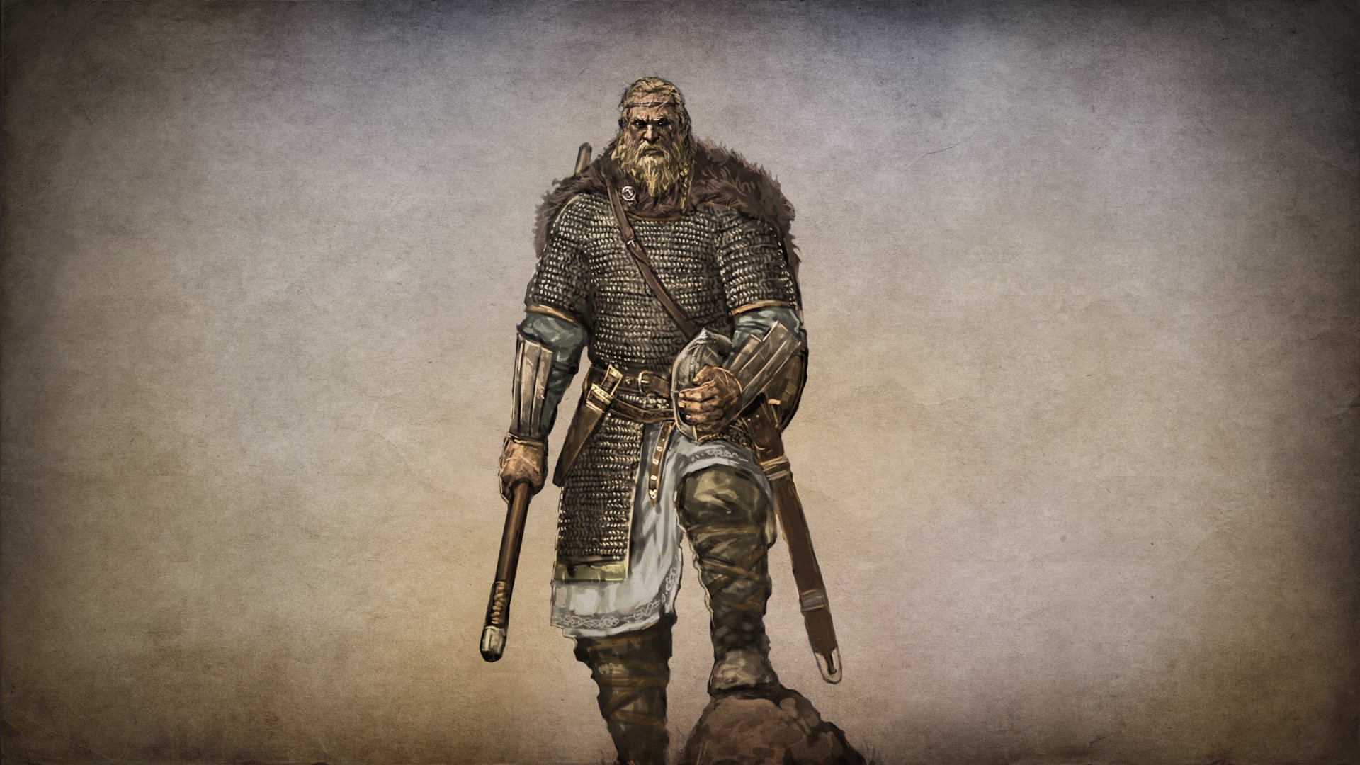 HD PC desktop wallpaper/background from the video game Mount & Blade: rugged medieval warrior in chainmail holding a mace and shield against a weathered parchment backdrop.