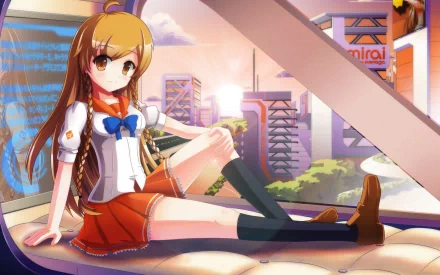 HD anime desktop wallpaper featuring Mirai Suenaga sitting with a cityscape backdrop at sunset, showcasing vibrant colors and detailed character design.