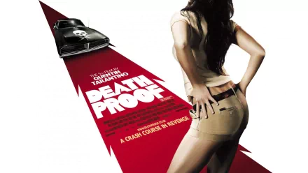 HD PC desktop wallpaper/background of the movie Death Proof: red triangular stripe with a skull-emblazoned black stunt car and a woman in jeans posed from behind.