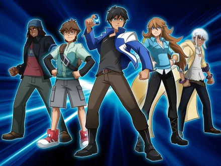HD PC desktop wallpaper of Monsuno TV show: five protagonists in dynamic poses across the foreground with glowing blue radial energy burst background.