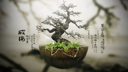 HD desktop wallpaper featuring a bonsai tree in a cracked spherical pot, with some text in an Asian script on the side, set against a blurred nature background.