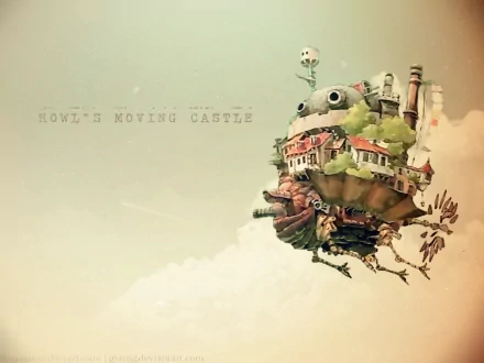 HD desktop wallpaper featuring an artistic rendition of Howl's Moving Castle from the animated film set against a cloud-filled sky.