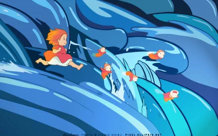 A vibrant HD desktop wallpaper featuring Ponyo, a young girl with orange hair, playfully running among swirling blue waves and cheerful fish.