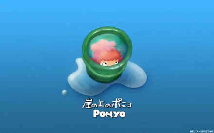 HD desktop wallpaper featuring Ponyo from the animated movie, inside a bubble with Ponyo written in English and Japanese on a blue background.