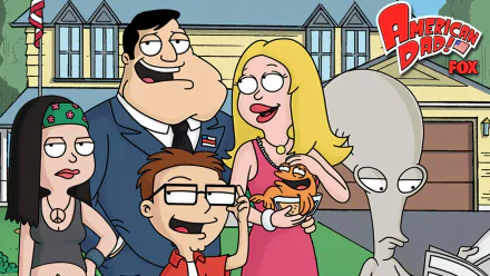 HD desktop wallpaper featuring characters from the animated series American Dad!, posing in front of their home.