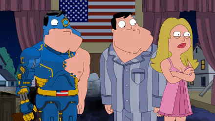 HD desktop wallpaper featuring characters from American Dad! with an American flag in the background.