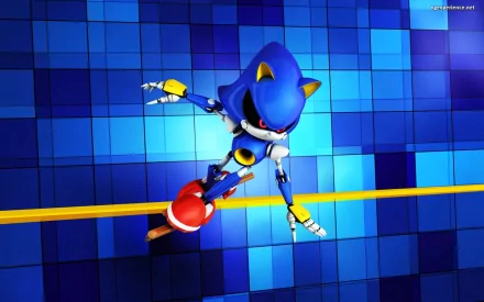 HD wallpaper of Metal Sonic from Mario & Sonic at the Olympic Winter Games on a blue checkered background.