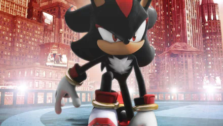 HD wallpaper featuring Shadow the Hedgehog posed confidently against a vibrant cityscape background.