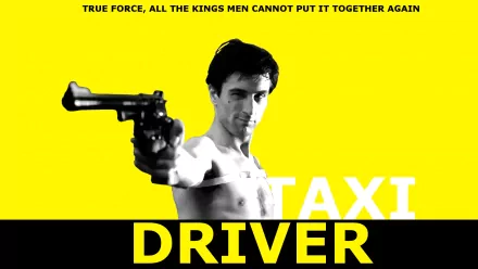 An HD wallpaper featuring Robert De Niro in Taxi Driver, showcasing his iconic pose with a gun against a bold yellow background, emphasizing the film's striking visual style.