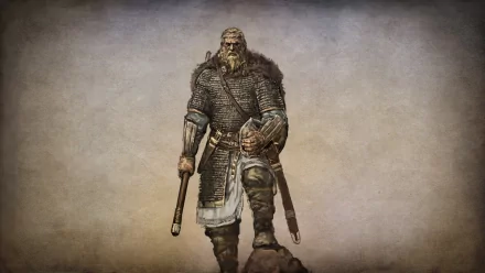 HD PC desktop wallpaper/background from the video game Mount & Blade: rugged medieval warrior in chainmail holding a mace and shield against a weathered parchment backdrop.